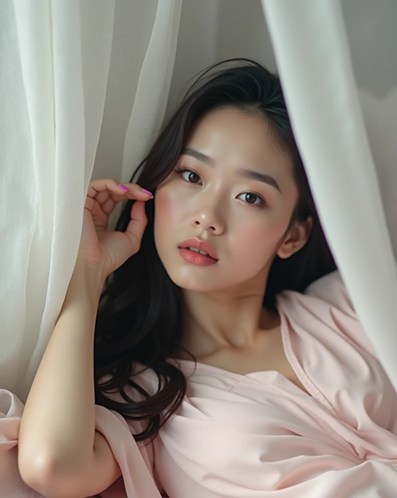 Behind the heavy gauze,Is a low bed,There is a woman in a light pink long dress lying there,One-armed support,A natural flow of elegance from the waist,Eyebrows and eyes like a painting,But the expression is timidly inviting love。