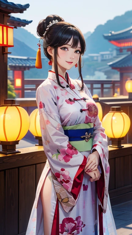 ( High resolution、 Super detailed)、masterpiece、Highest quality、High resolution、8k、Realistic skin texture、 Young and beautiful woman、Beautiful Face、Beautiful Face、Pretty lips、Ample breasts、Balanced style、Hair styled in a bright-colored round bun、Smiling eyes、Hanfu、Walking、Cowboy Shot、background、Buildings from the Tang Dynasty、The city of Chang'an during the Tang Dynasty in China、river view、Night view、Flower garden、Peach Blossom、Lantern Light、Detailed CG、