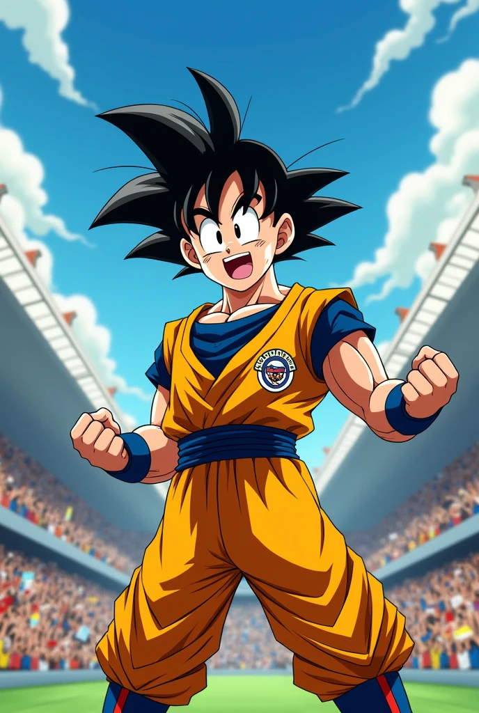 Goku wearing a Peñarol jersey