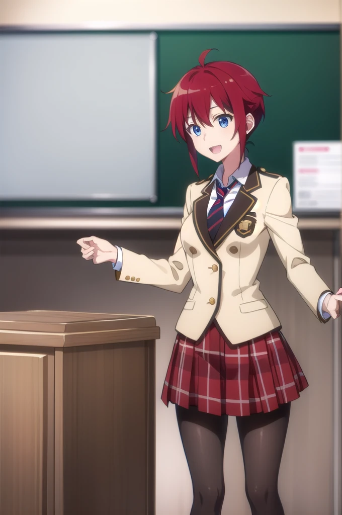 Highest quality, masterpiece, Very detailed,
Aoi Sakurai RW,
Open your mouth, A light smile,
blue eyes, Redhead, short hair, ミディアムshort hair,
school uniform, blazer, tie, Red Skirt, pantyhose,
Are standing, Looking at the audience,
classroom