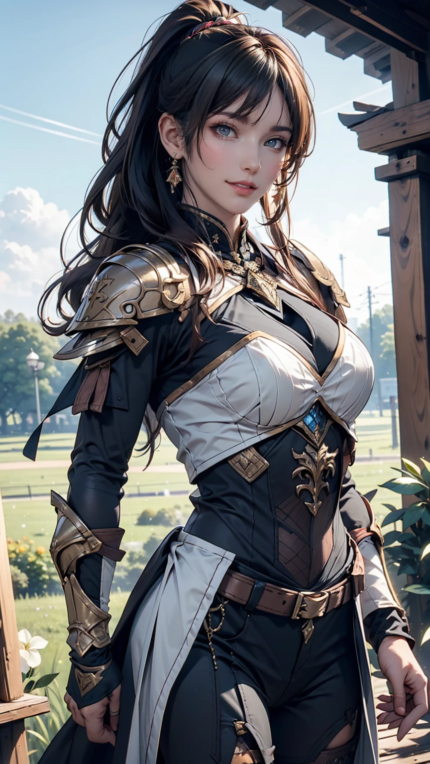 Ayaka, Solemn knight with ponytail, Gray Hair, Standing in the middle of a field background, Adding a touch of knight armor(0.7) To her charm. She has medium sized breasts and a charming smile with a hair accessory