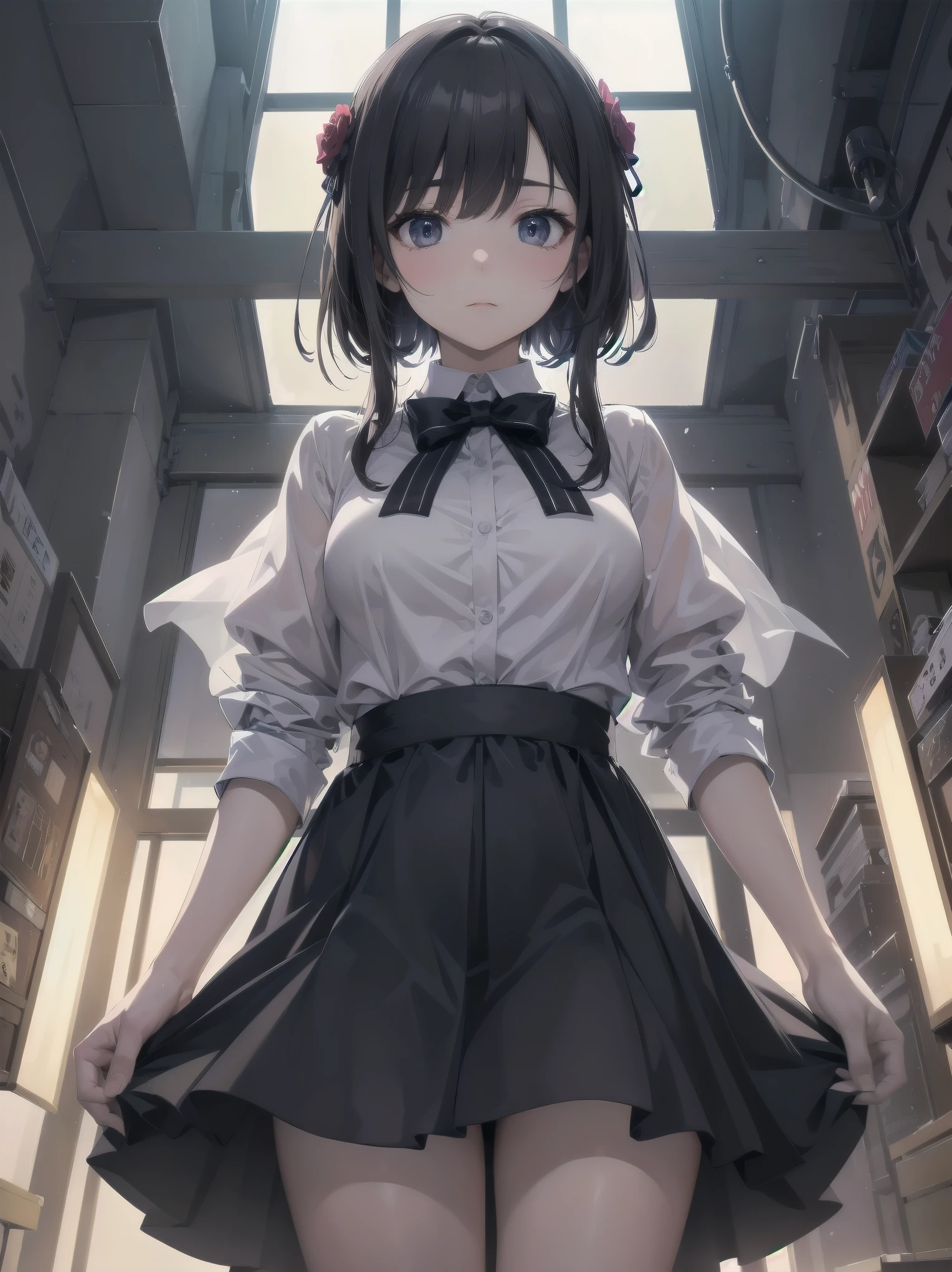 (best quality image), (film), 4320p, high qualiy, 8k (uhd), Filmed directly from below, Covert, Get closer, Anxiety, 真实感, Woman looking down, Semi-formal dress, volantes, Woman's style, Black thigh-high socks, Then, , breasts small, fully body, Black leather shoes, braided hair, Hair with ears , cor interior, fringes, prone, embarrassed face, black bob cut, wristbands, Street, árvores de Street, asphalt, Wall, sealion,