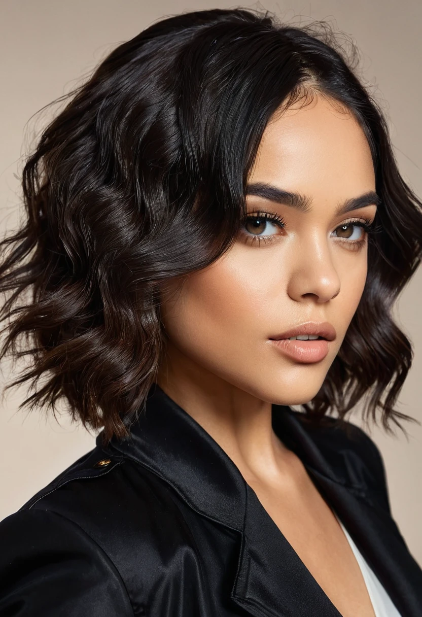 a beautiful arabian woman wearing a black shirt and black jacket, portrait of sophie madd, young woman selfie, inspired by tessa thompson, professional makeup, glowing, profile picture, sexy full makeup face, extremely detailed and perfect face, sexy expression, perfectly lit face, portrait profile photo, pale skin, ayahauska, tan skin