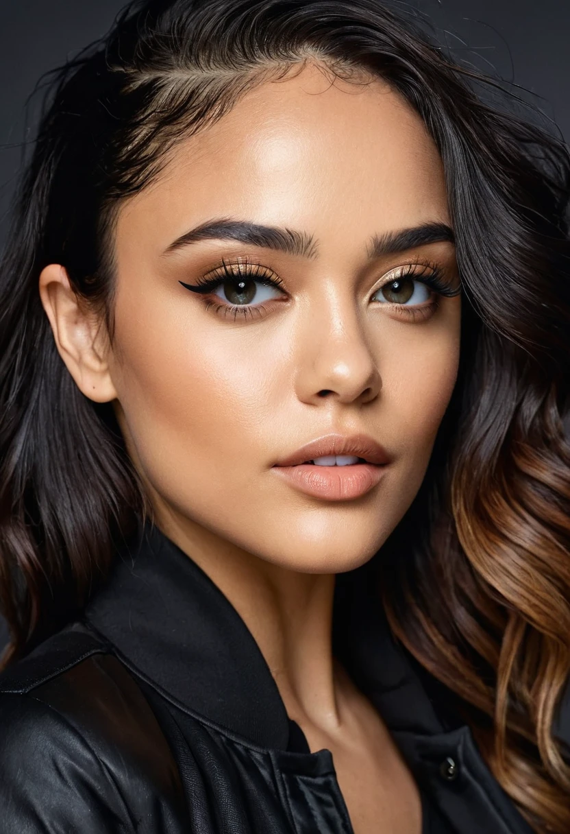 a beautiful arabian woman wearing a black shirt and black jacket, portrait of sophie madd, young woman selfie, inspired by tessa thompson, professional makeup, glowing, profile picture, sexy full makeup face, extremely detailed and perfect face, sexy expression, perfectly lit face, portrait profile photo, pale skin, ayahauska, tan skin