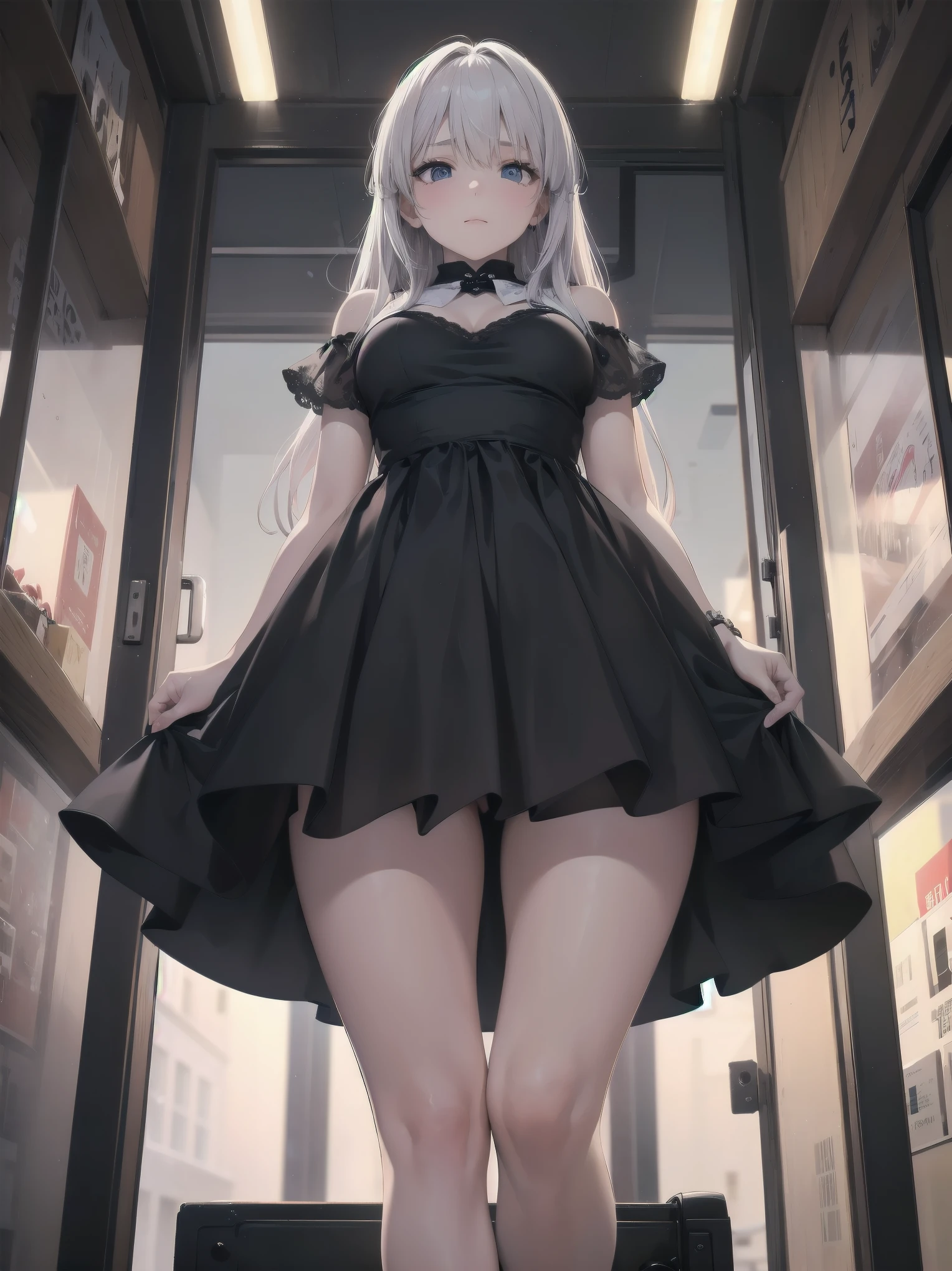 (best quality image), (film), 4320p, high qualiy, 8k (uhd), Filmed directly from below, Covert, Get closer, Anxiety, 真实感, Woman looking down, Semi-formal dress, volantes, Woman's style, Black thigh-high socks, Then, , breasts small, fully body, Black leather shoes, braided hair, Hair with ears , cor interior, fringes, prone, embarrassed face, black bob cut, wristbands, Street, árvores de Street, asphalt, Wall, sealion,