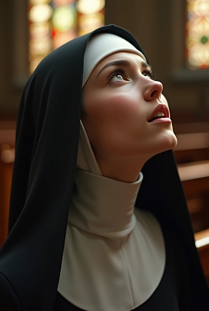 Beautiful young nun, Kneel and look up, At the altar of the chapel, Look up with your mouth wide open,A large amount of semen covers the entire face.:1.8, Shooting from above, Front of body, (Detailed face, Highly detailed eyes and face, high quality, 8k, Realistic, masterpiece:1.2), (close, High angle shot), The ornate interior of the cathedral, Stained Glass Windows, Warm lighting, Serene atmosphere, religious, spiritual, Dedication, Contemplative