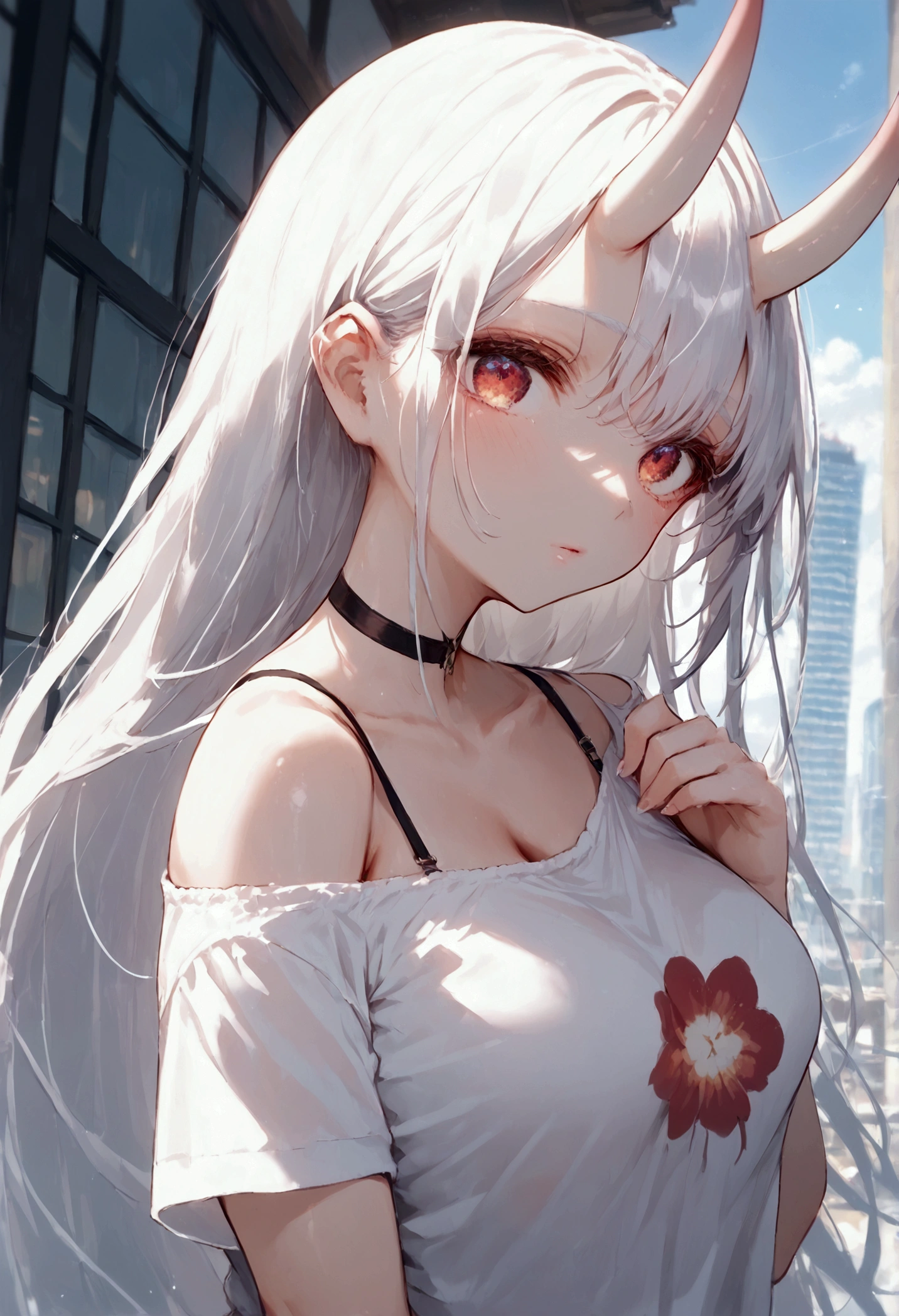 score_9, score_8_up, score_7_up, source_anime, (masterpiece), best quality, expressive eyes, perfect eyes, perfect face, oni girl, oni horns, red eyes, soft lips, long hair, very long hair, wide hips, (white hair:1.2), (white eyebrows:1), (white eyelashes:1), medium breasts:0.5, higuchi madoka, big breasts:0.3, standing, background: City, black choker, loose white t-shirt, single bare shoulder, bra strap, black shorts