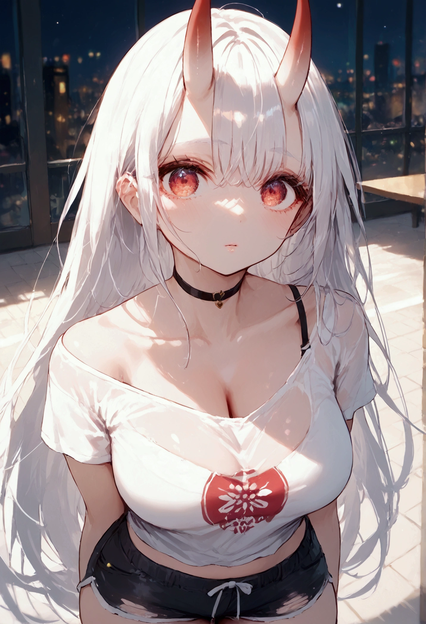 score_9, score_8_up, score_7_up, source_anime, (masterpiece), best quality, expressive eyes, perfect eyes, perfect face, oni girl, oni horns, red eyes, soft lips, long hair, very long hair, wide hips, (white hair:1.2), (white eyebrows:1), (white eyelashes:1), medium breasts:0.5, higuchi madoka, big breasts:0.3, standing, background: City, black choker, loose white t-shirt, single bare shoulder, bra strap, black shorts