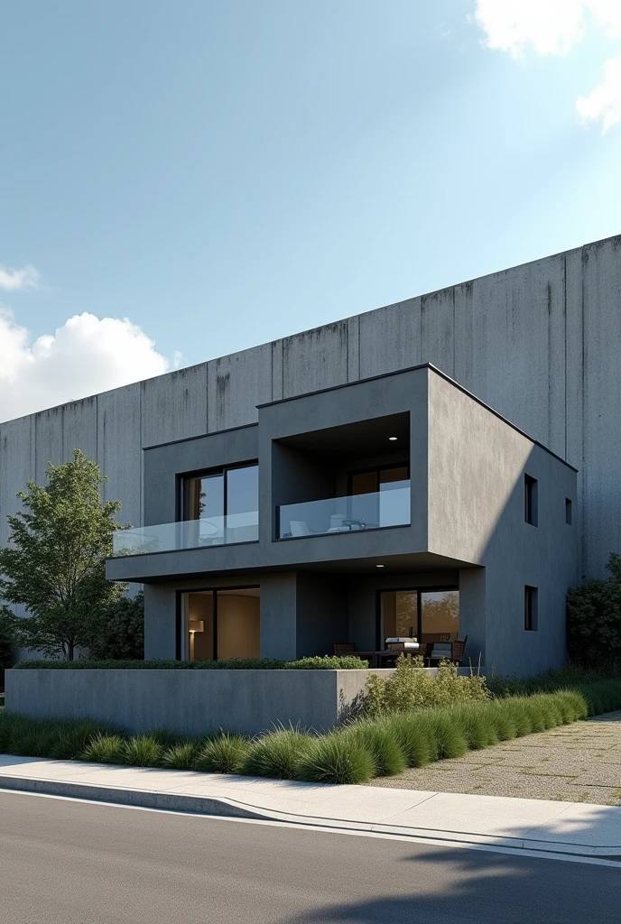 Create a modern two-story gray house, where behind it there is a huge and long wall that nothing can be seen behind