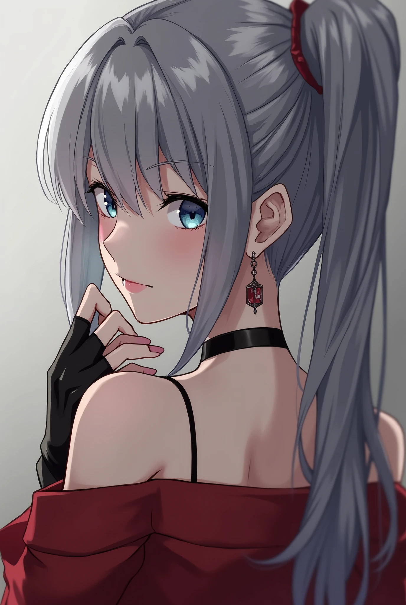 One person, Aqua Eye, return, bangs, Exposing shoulders, black gloves, blue eyes, Braiding, choker, Earrings, fingerless gloves, From behind, gloves, Grey Hair, Holding, Jacket, jewelry, Long Hair, View your viewers, looking return, Manicure, Off the shoulder, Lips parted, Earrings, ponytail, red Jacket, alone, Upper Body,He didn&#39;t,[[Realistic]],(Glowing Skin),(masterpiece:1.4),(Highest quality:1.4)
