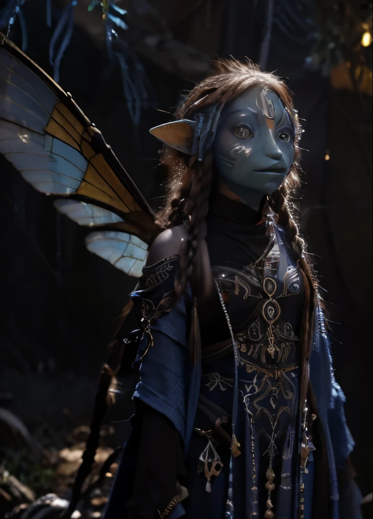 dousan, gelfling, female, dark blue and orange beaded robes decorated with jewels and bones, short curly hair with long decorated braids, desert, blue skin with lighter blue face paint, big orange eyes, jewelry, full body, insect wings coming from shoulders,