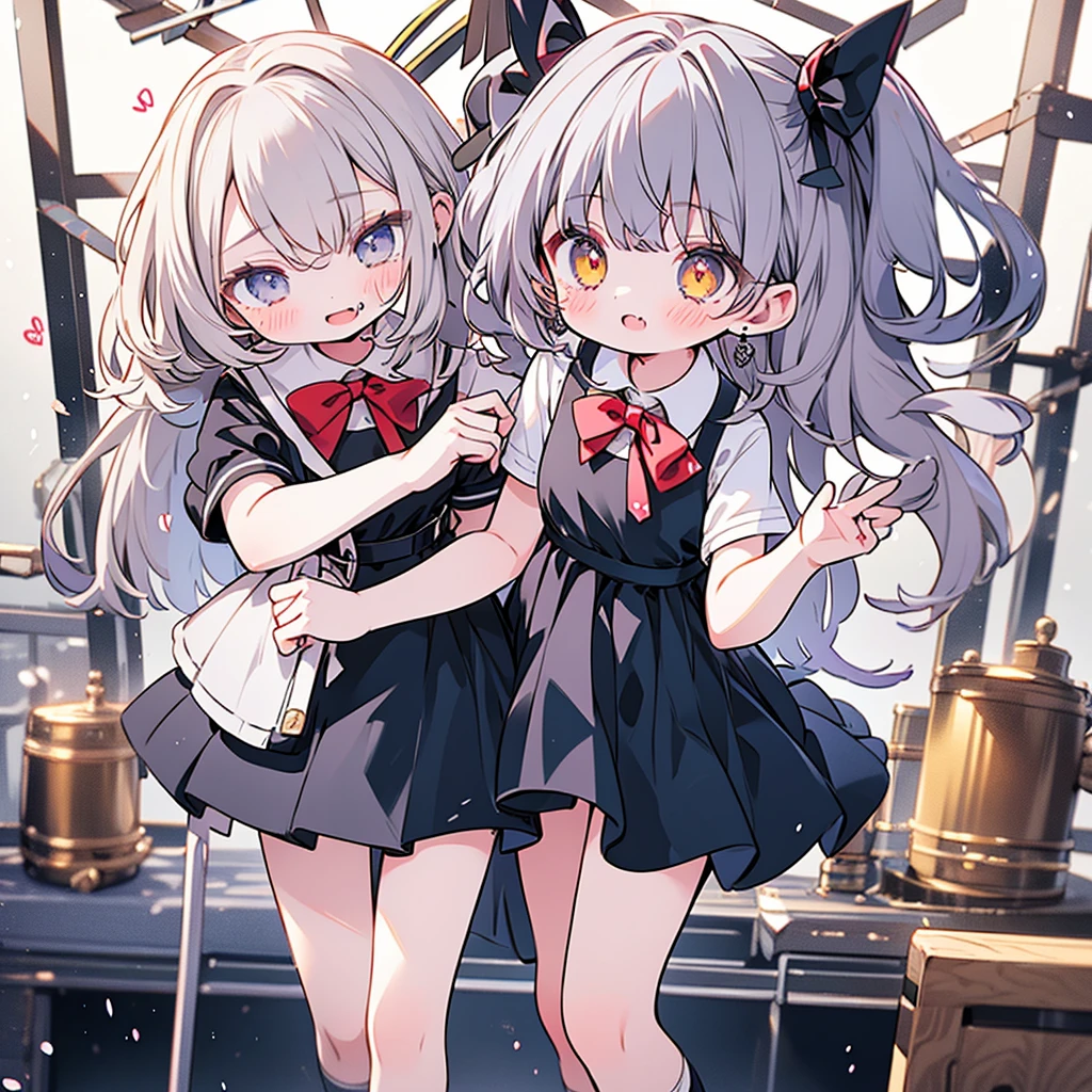 1girl、Highest quality、Masterpiece、The finest details、Little、cute、Primary school students、Red short-sleeved dress、Gray Hair、all back、Red School Bag、Skipping、Facing sideways towards the audience、Yellow simple background、