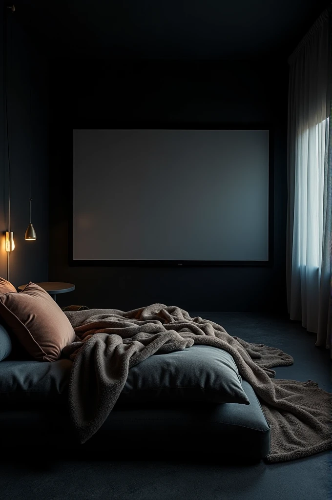 Create a room painted black with a bed at floor level, with several pillows around and a large screen for watching movies