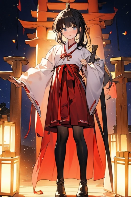 Highest quality, Very detailed,masterpiece,anime, Ultra-high resolution,If you look closely at the eyes, Best illustrations, A very condensed individual, （Very delicate and cute face）、Character portrait、Full body portrait、beautiful girl、Shrine maiden、Japanese、Black hair, medium length, reaching the shoulders、Green Eyes、Shrine maiden服、black tights、Leather long boots、Standing with a wooden sword drawn、No background、Characters only、Red cheeks、Embarrassed expression、