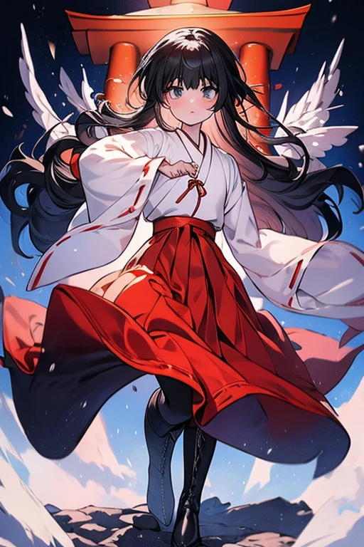 Highest quality, Very detailed,masterpiece,anime, Ultra-high resolution,If you look closely at the eyes, Best illustrations, A very condensed individual, （Very delicate and cute face）、Character portrait、Full body portrait、beautiful girl、Shrine maiden、Japanese、Black hair, medium length, reaching the shoulders、Green Eyes、Shrine maiden服、black tights、Leather long boots、Standing with a wooden sword drawn、No background、Characters only、Red cheeks、Embarrassed expression、