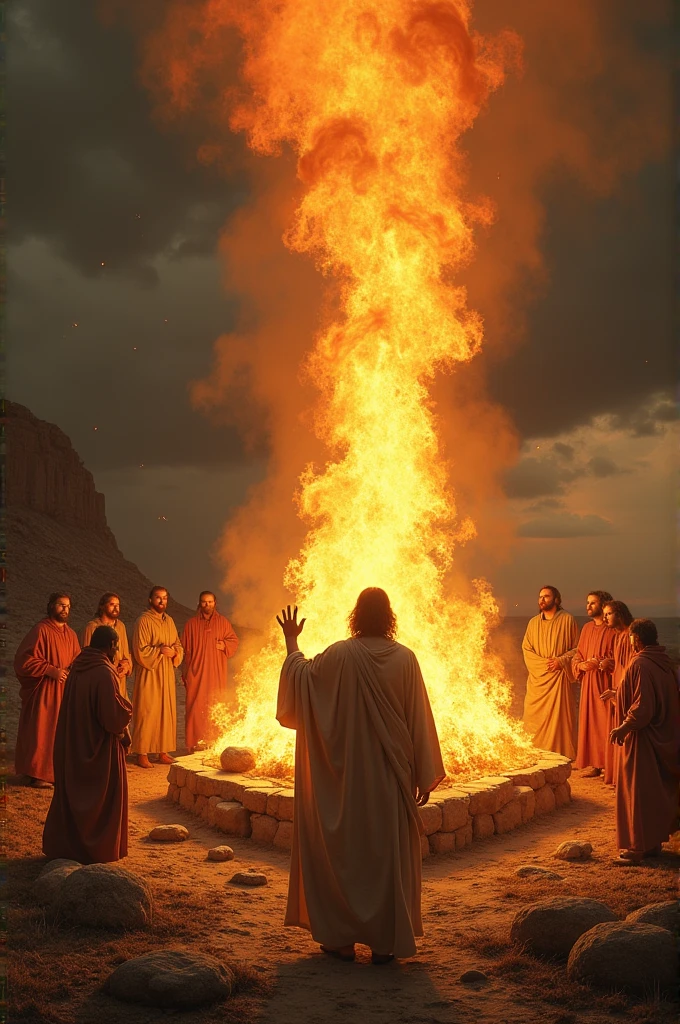 Create a dramatic scene of the biblical prophet Elijah calling down fire from heaven. Elijah, dressed in a robe and standing confidently, raises his hand towards the sky. The fire descends from the heavens in a bright, powerful column of flames onto a stone altar. The altar is surrounded by twelve large stones, drenched with water, and the fire consumes the offering placed upon it. In the background, several prophets of Baal, dressed in ancient garments, watch in shock and awe. The setting is a barren, mountainous landscape, with a dark, stormy sky adding to the intensity of the moment. The lighting should emphasize the divine power of the fire, making it the focal point of the scene."