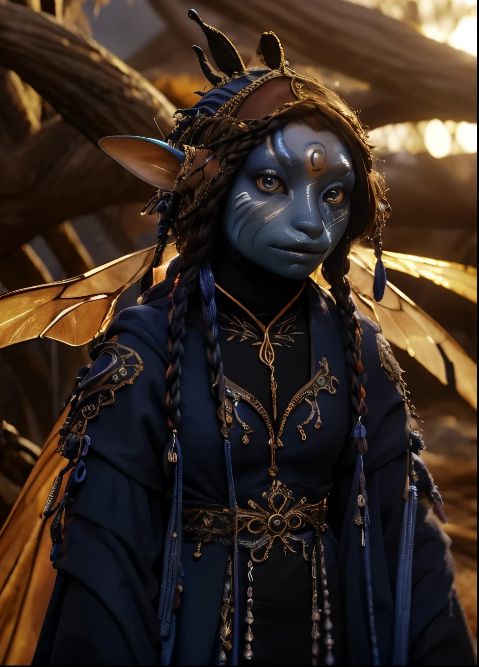 dousan, gelfling, female, dark blue and orange beaded robes decorated with jewels and bones, short curly hair with long decorated braids, headgear, desert, blue skin with lighter blue face paint, big orange eyes, jewelry, full body, insect wings coming from shoulders,