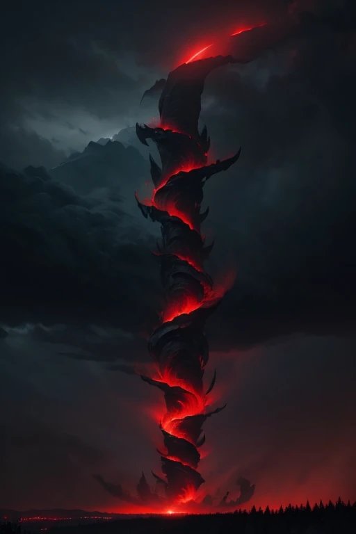 A super long monster,with black scales shimmering scarlet red okhos, flying through the sky black clouds obscure the view of the night sky red lightning falls in cascades of destruction,the creature has horns