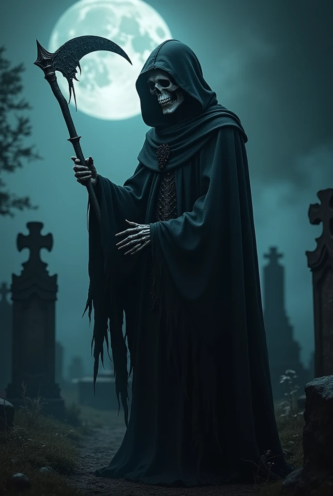 There's a grim reaper, tall and dark, with a gleaming skull deep within his tattered black cowl, his scythe has a wicked chrome blade with glowing red runes, the earth smokes at his feet as he stands in a darkened graveyard in the pale moonlight