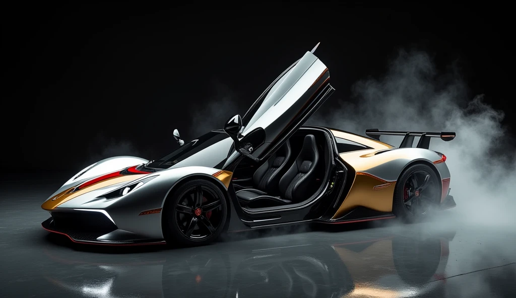 a futuristic sport car, door open we can see black interior, 2 seats, high-end design, exterior in silver-gold-red-black, void black background, smokes