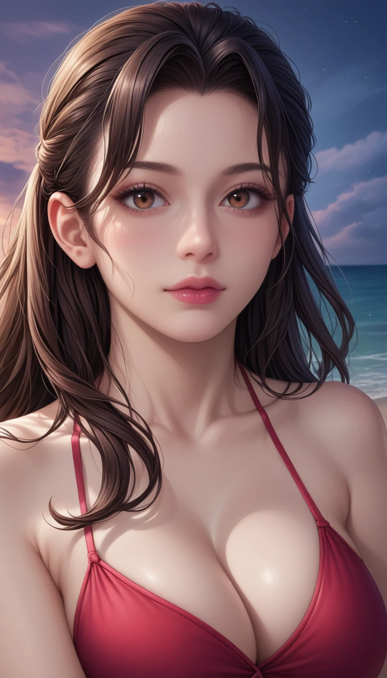 score_9, score_8_superior, score_7_superior, High-resolution CG illustration,A masterpiece in 32K resolution,Highest quality,it is really amazing,Very detailed,Ultra-high resolution,Ultra-realistic,Realistic,Increased depth of field,Cinematic lighting,
Sexy mature Japan woman,
Straight long hair with black hair,Showing his forehead,Ultra-detailed and beautiful face,Calm and gentle look,Beautiful brown eyes,Glossy, moisturized skin,Translucent white skin,Realistic skin texture,Great proportions,
Elegant red swimsuit,
Simple design,Chic color scheme based on red,Detailed fabric texture,
(Dark overcast sky on a dull night:1.1),(Dark clouds filling the sky:1.1),Thundercloud,Coastline at night,Stormy seas,delay々A desolate sandy beach that continues,
(Beautiful cleavage:1.1),(High angle:1.1),