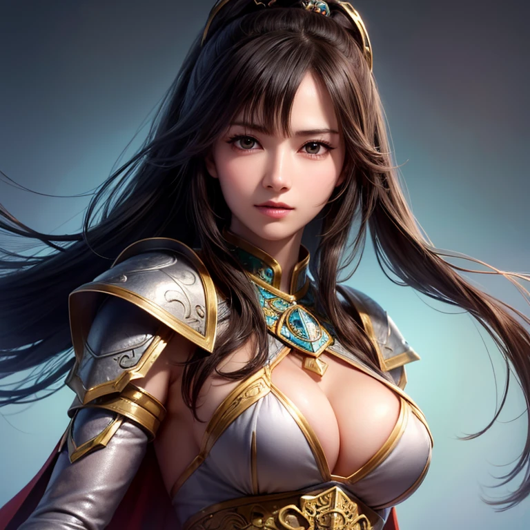 Bikini Armor,Cape,Woman close up, ((Highest quality)), ((masterpiece)),No background,Simple Background,(Very intricate details),One person,Cute Ponytail,Long Hair,(Big Breasts),Large breasts and cleavage,Highly detailed face and skin texture,Looking into the camera,Perfect beauty: 1.4, fine grain,double eyelid, Whitening skin,Highest quality,Ultra-high resolution,Simple Background, Chinese Warrior