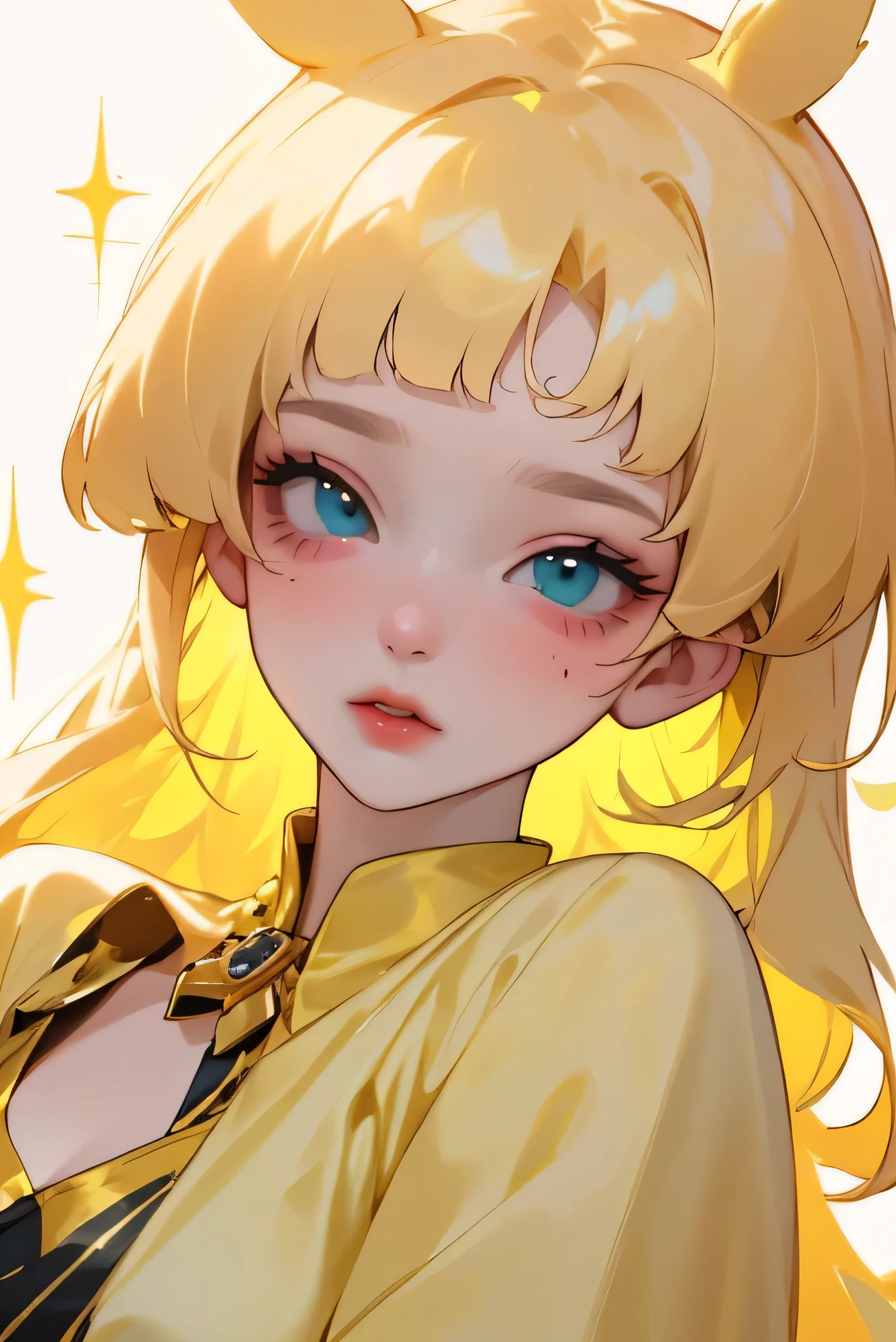 (high quality) (Best Quality) (Una Women) (correct physiognomy) (perfect students) (Perfect eyes) Women, blonde hair with bangs on the forehead, TWO cat ears growing out of his head, eyes with heterochromia dos ojos, one eye green and the other gold, sensitive lips, female appearance, soft facial features, thin eyebrows, soft skin, rosy cheeks, pink lips, silky eyelashes, dreamy expression, middle age, youth clothing, glitter sweatshirt, photo illuminated by sunlight, Women en un campo de girasoles
