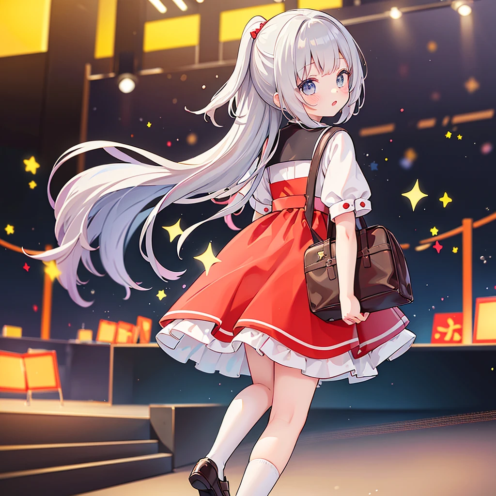 1girl、Highest quality、Masterpiece、The finest details、Little、cute、Primary school students、Red short-sleeved dress、Gray Hair、all back、Red School Bag、Skipping、Facing sideways towards the audience、Yellow simple background、