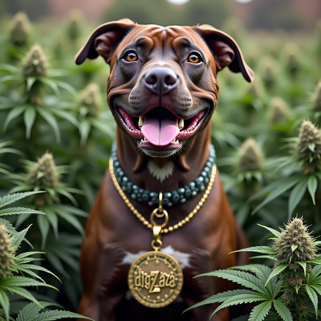 Very stoned pitbull with a pendant that says dogZaZa With countless cannabis buds in a robust plantation