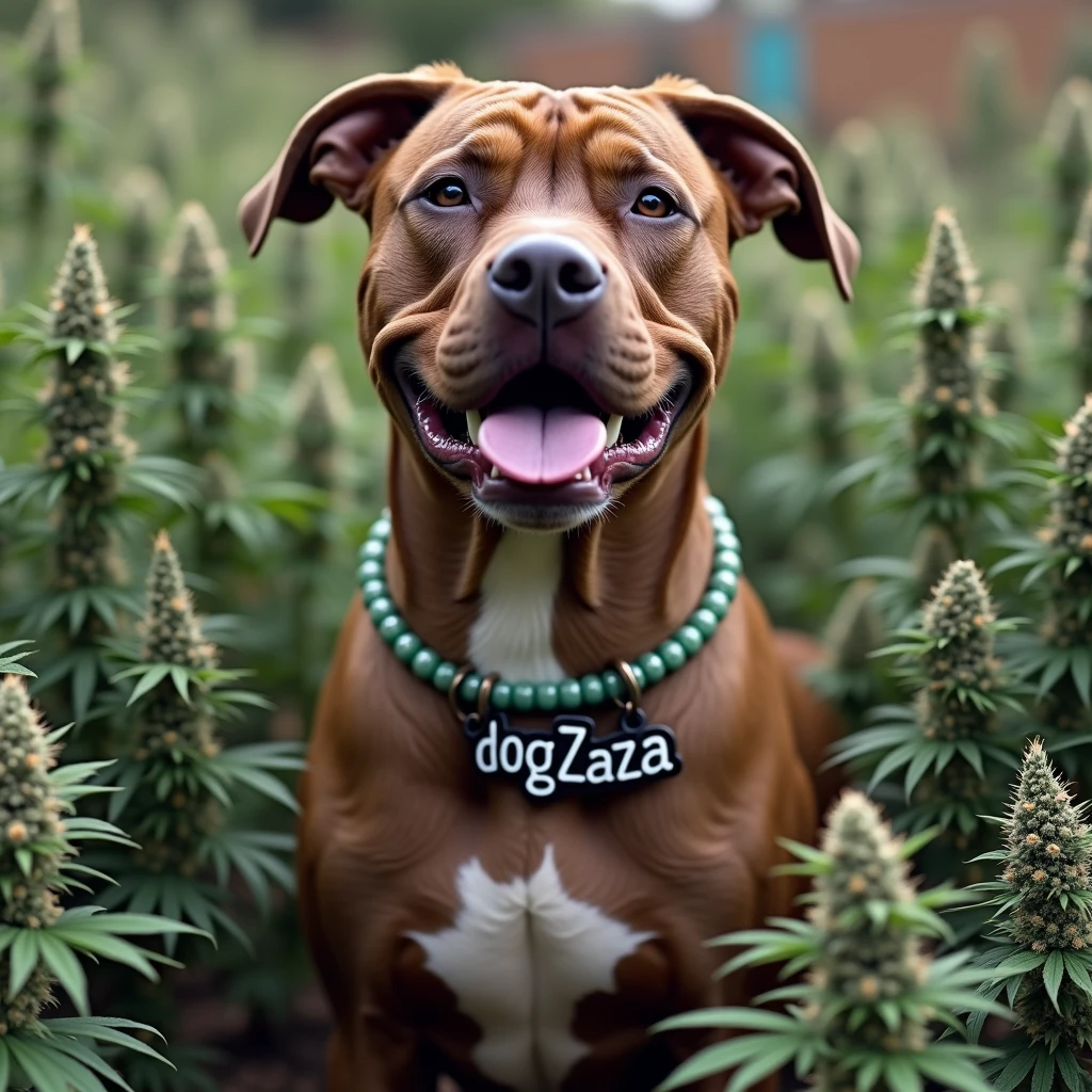 Very stoned pitbull with a pendant that says dogZaZa With countless cannabis buds in a robust plantation