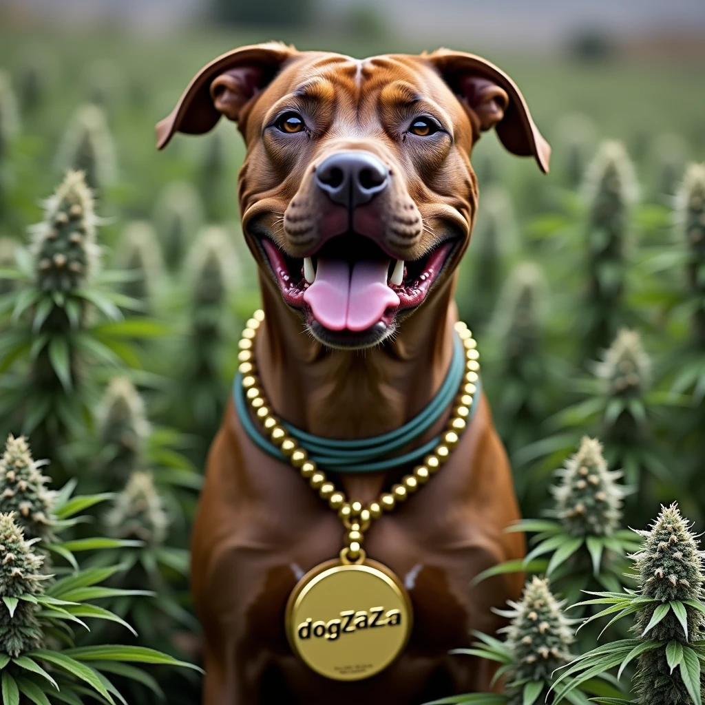 Very stoned pitbull with a pendant that says dogZaZa With countless cannabis buds in a robust plantation