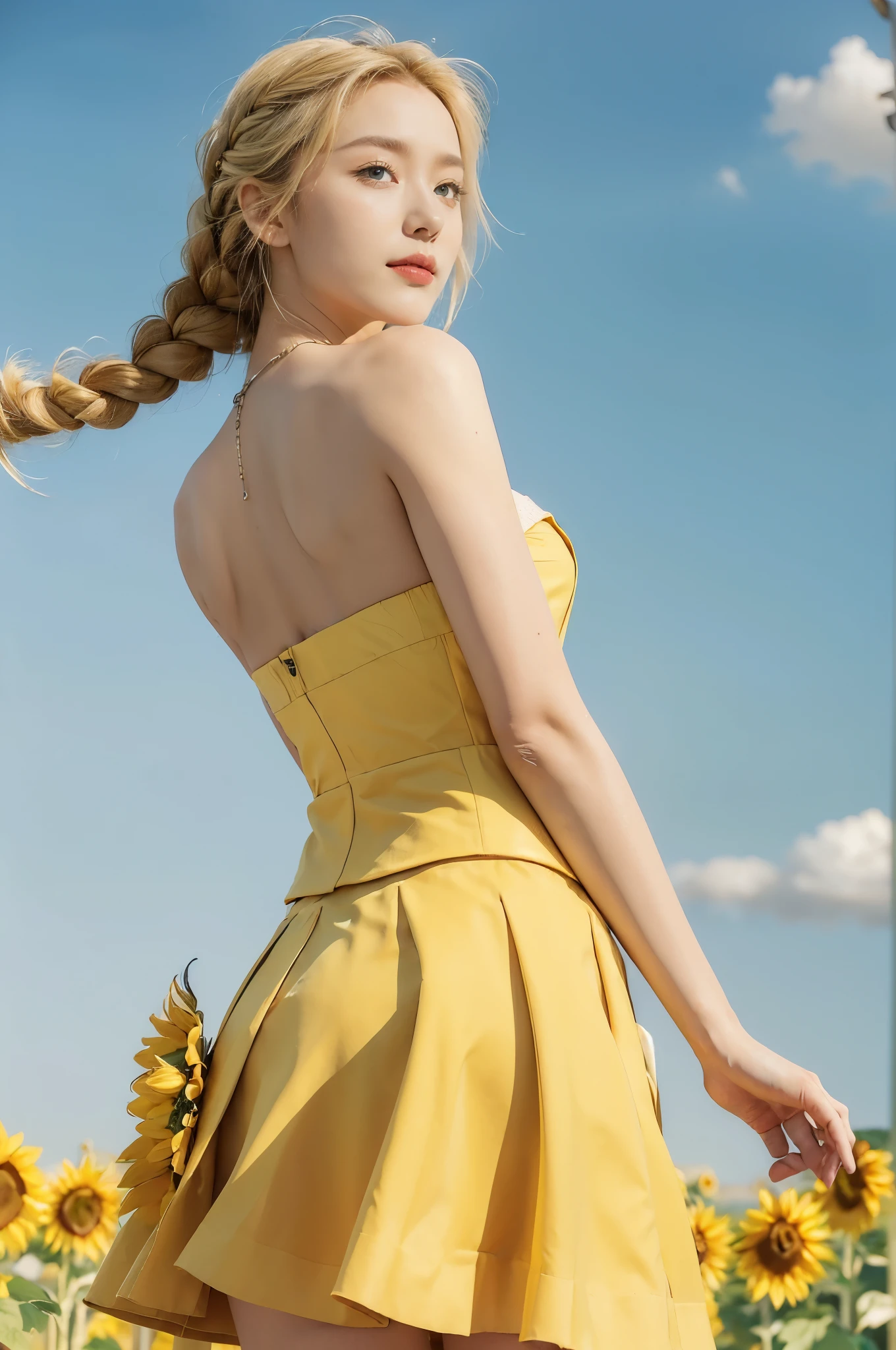 (((best quality))), (((ultra detailed))), (((masterpiece))), illustration,((a beautiful Ukrainian girl,solo)),((slim,thin)),((strapless,towering hips,butt crack)),(standing amidst a field of sunflowers:1.3),(short blonde braid hair:1.3), (((vibrant blue shirt,bright yellow skirt))),((from back,upper body)),complementary attire, (horizon as backdrop:1.2),((brilliant shade of clear blue sky, stark contrast with sea of yellow sunflowers)),striking features, sharp piercing eyes, warm kindness, subtle smile, gentle nature, simplicity of beauty