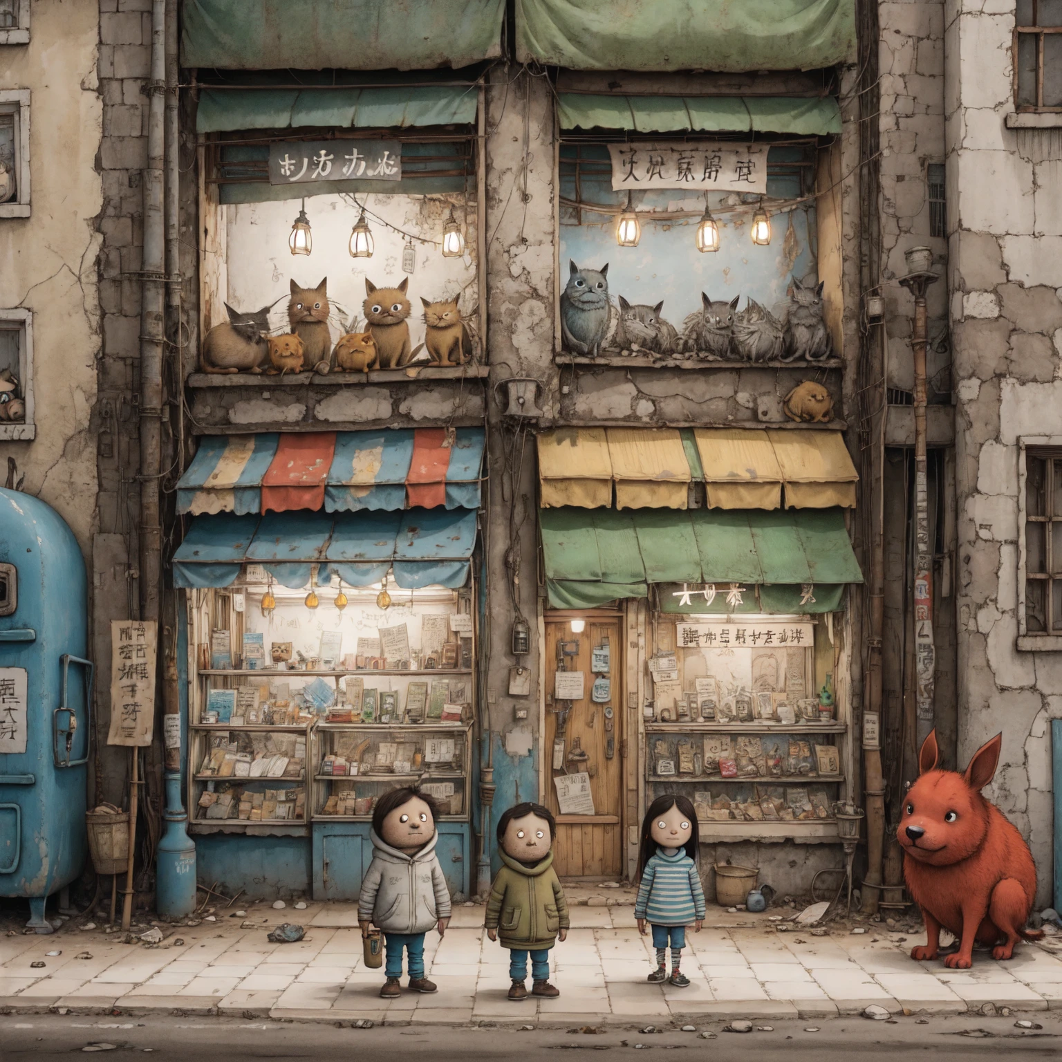 
((masterpiece、Highest quality、Detailed Anime))、A middle-aged man, shabby and poor,々、drinking alcohol.、(Detailed and cute face:1.3)、(Poor conditions、Dim and unsanitary、Crumbling underground shopping mall)、屋台のdiet店、stage、sewage、Dirty shop、street vendors、Unsanitary and abandoned city、smile、diet、Poor person々