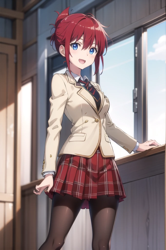 Highest quality, masterpiece, Very detailed,
Aoi Sakurai RW,
Open your mouth, A light smile,
blue eyes, Redhead, short hair, ミディアムshort hair,
school uniform, blazer, tie, Red Skirt, pantyhose,
Are standing, Looking at the audience,
classroom