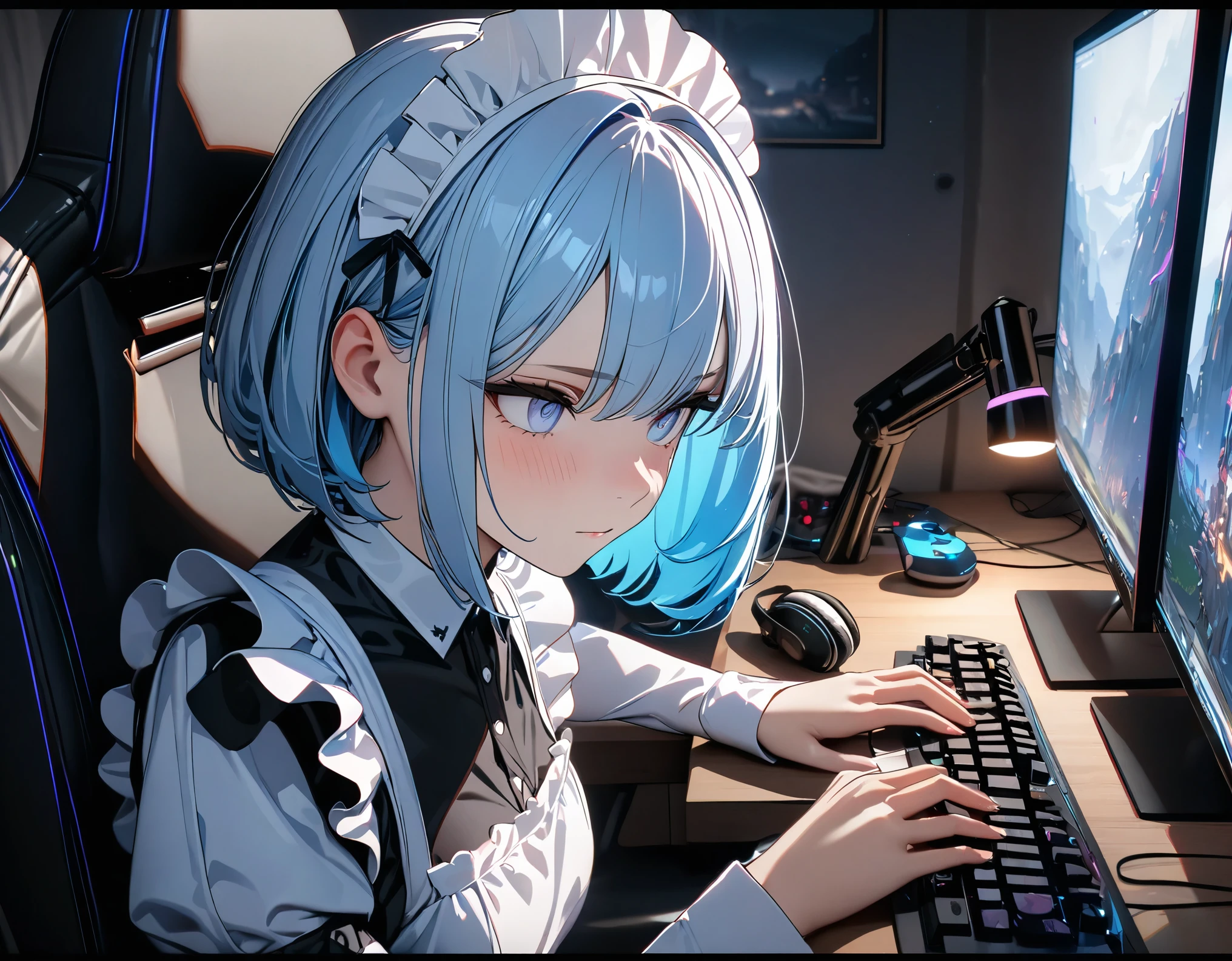 ((best quality)), ((masterpiece)), (detailed), perfect face, ((Best quality, 8k, Masterpiece: 1.3)), Sharp focus, Highly detailed face and skin texture, Detailed eyes, Maid apron, white brim, maid using a desktop computer, playing games on computer, FPS, Computer monitor, keyboard, gaming chair, Light blue hair, Chin-length bob, Dimly lit room, late night, Absorbed in the game