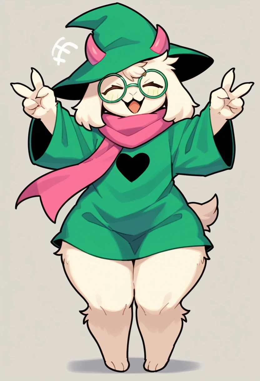 score_9,score_8_up,score_7_up, source_cartoon, source_furry, ralsei from deltarune, Anthro furry goat boy, pink horns, pink eyes, tall feminine body, hourglass figure, fully naked, nude, white furry body, wearing only his hat, green open cloak, pink thong,