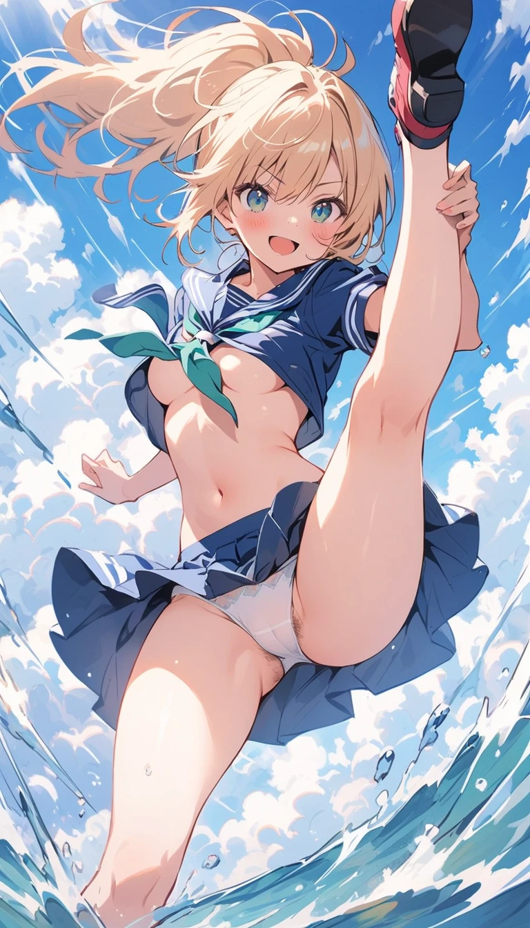 beauty ponytail smile Embarrassing blush tits Sailor suit Pure white underwear pubic hair The wind blows up my skirt stand Kick one leg high Photograph the whole body