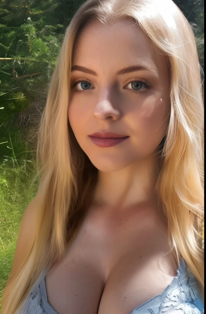 beautiful blonde woman, detailed face, intricate details, high quality, photorealistic, forest, lingerie, cleavage, grass, daylight