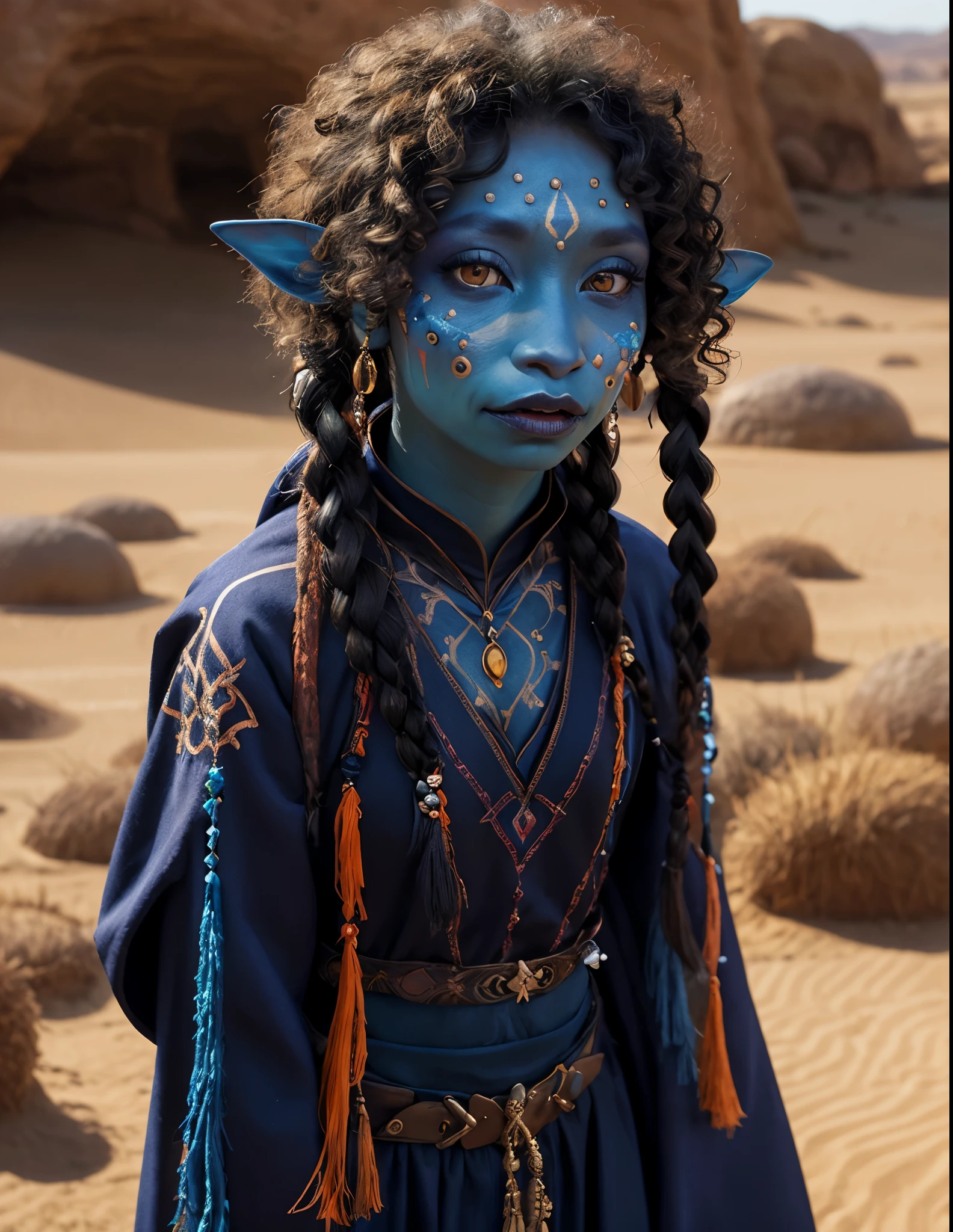 dousan, gelfling, female, dark blue and red beaded robes decorated with jewels and bones, short curly hair with long decorated braids, desert, blue skin with lighter blue face paint, orange eyes