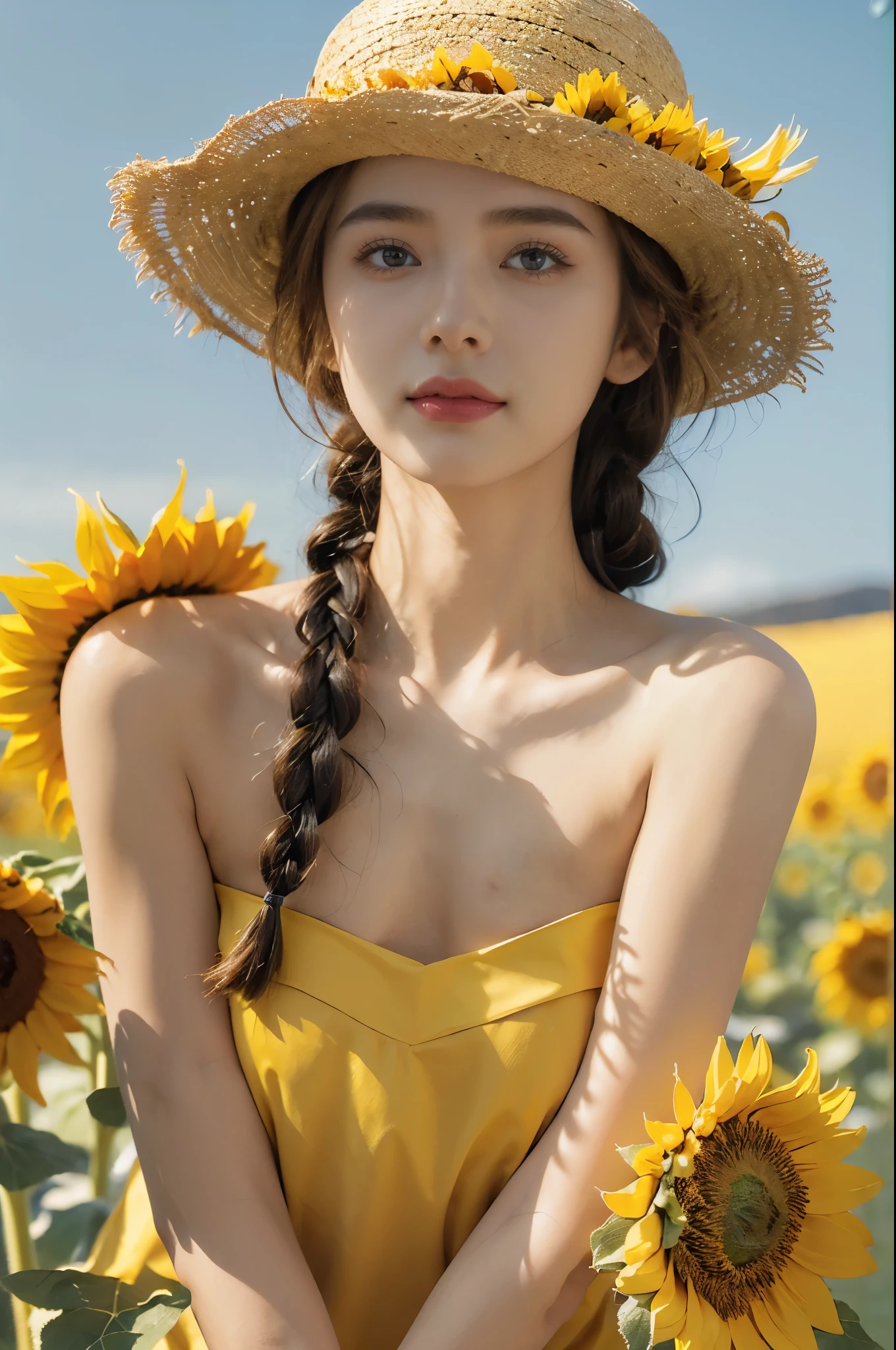 (((best quality))), (((ultra detailed))), (((masterpiece))), illustration,((a beautiful Ukrainian girl,solo)),((slim,thin)),((small breasts,flat chest)),(standing amidst a field of sunflowers:1.3),(vibrant blue formal hat:1.3),(short braid hair:1.2), (strapless vibrant bright yellow shirt:1.3),((from front,close-up of face)),complementary attire, (horizon as backdrop:1.2),((brilliant shade of clear blue sky, stark contrast with sea of yellow sunflowers)),striking features, sharp piercing eyes, warm kindness, subtle smile, gentle nature, simplicity of beauty,