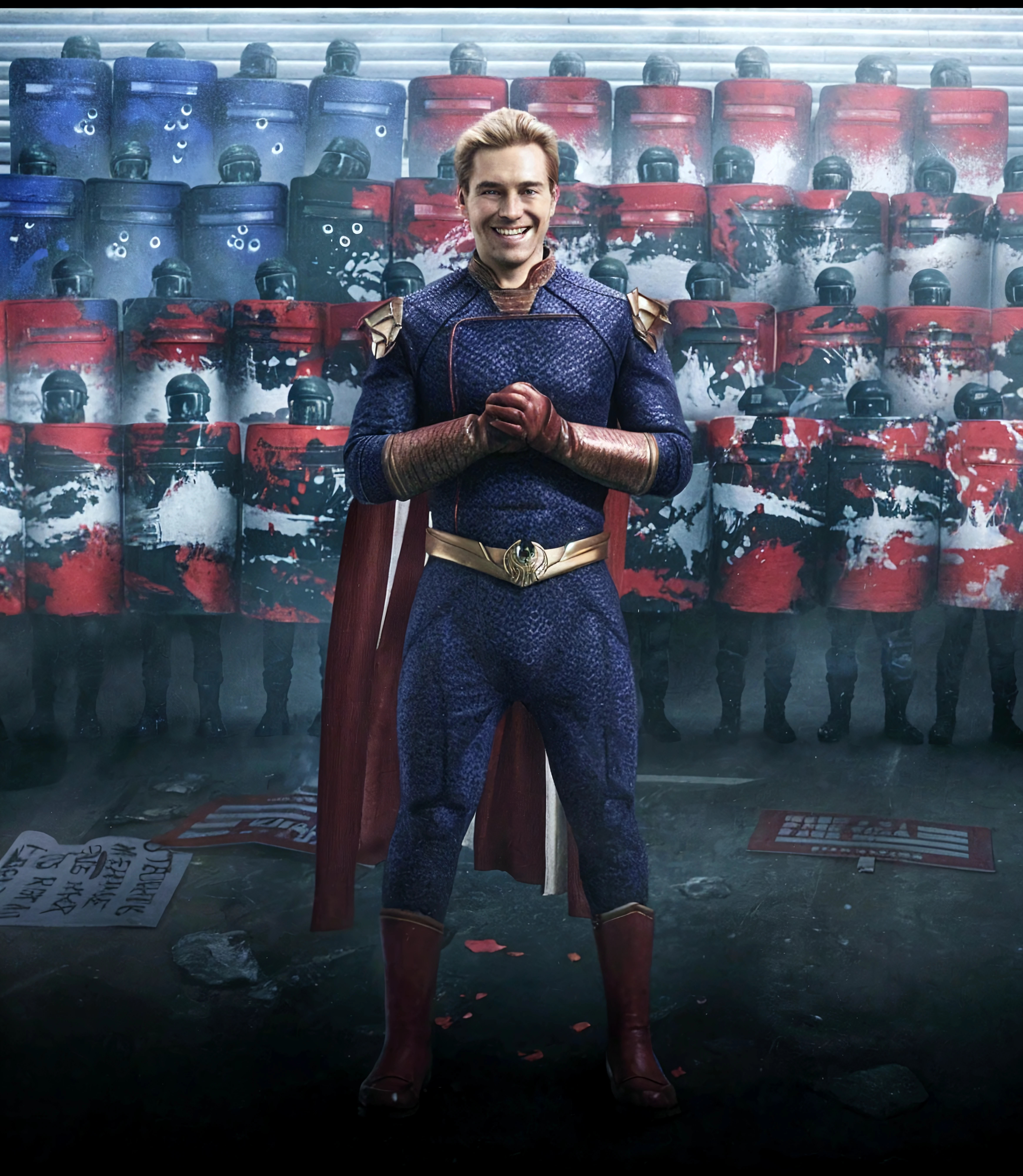 blurred image of a man dressed as a superhero with a flag on his chest, Home Lander from the boys, Home Lander, his cape is the american flag, 
