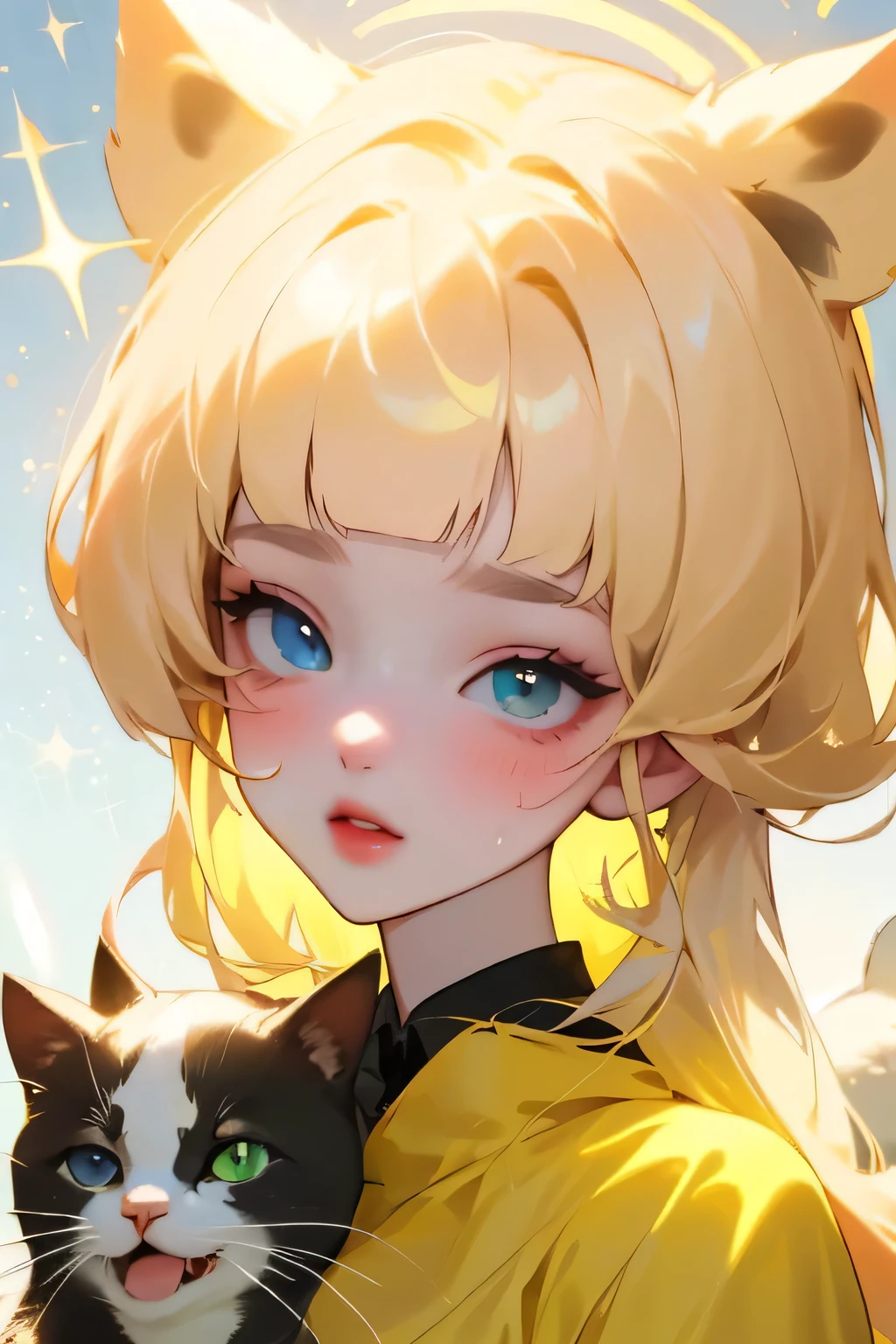 (high quality) (Best Quality) (Una Women) (correct physiognomy) (perfect students) (Perfect eyes) Women, blonde hair with bangs on the forehead, TWO cat ears growing out of his head, eyes with heterochromia dos ojos, one eye green and the other gold, sensitive lips, female appearance, soft facial features, thin eyebrows, soft skin, rosy cheeks, pink lips, silky eyelashes, dreamy expression, middle age, youth clothing, glitter sweatshirt, photo illuminated by sunlight, Women en un campo de girasoles