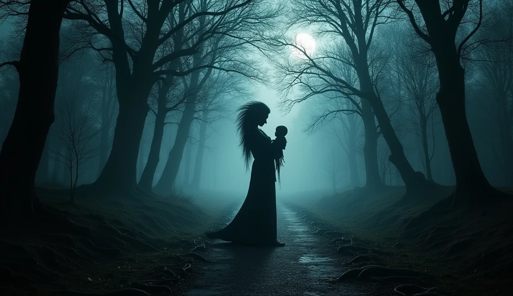 "A Dark and Gloomy Path in the Haunted Forest with the Silhouette of a Sinister Woman (resembling an evil witch) Holding a baby"