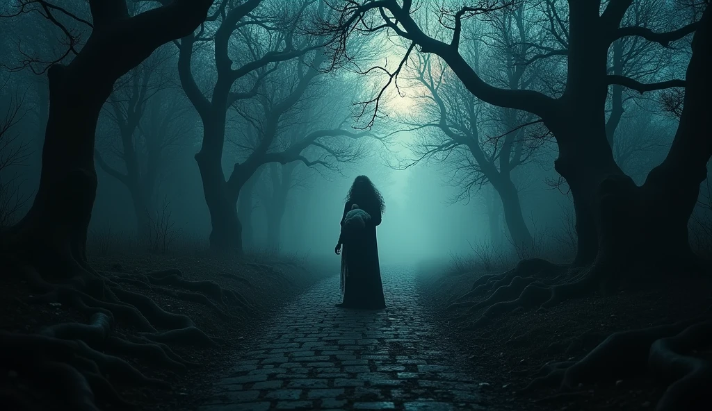 "A Dark and Gloomy Path in the Haunted Forest with the Silhouette of a Sinister Woman (resembling an evil witch) Holding a "