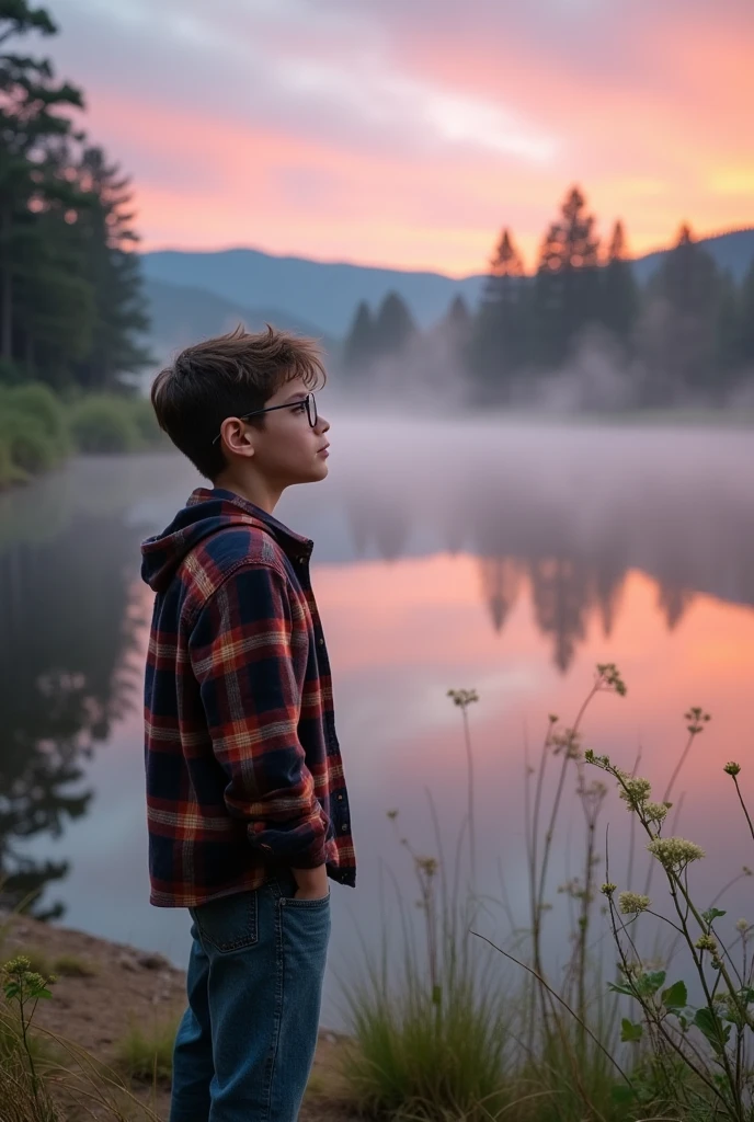 A 17-year-old boy with glasses watching the mariposa county lake at dawn