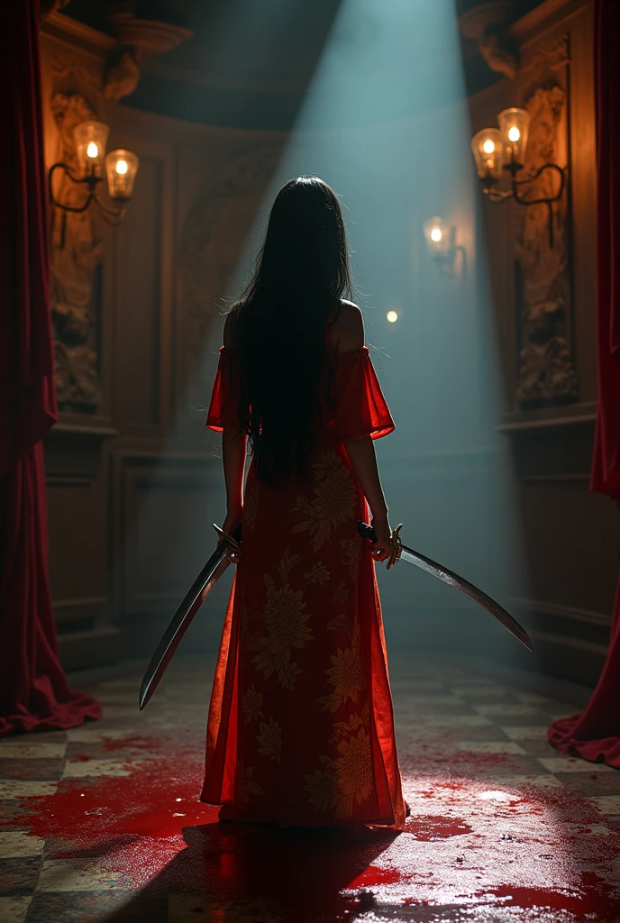 Indonesia very beautiful kind teenage girl, cutting throat a white ninja, blood stains, blood splashed, room