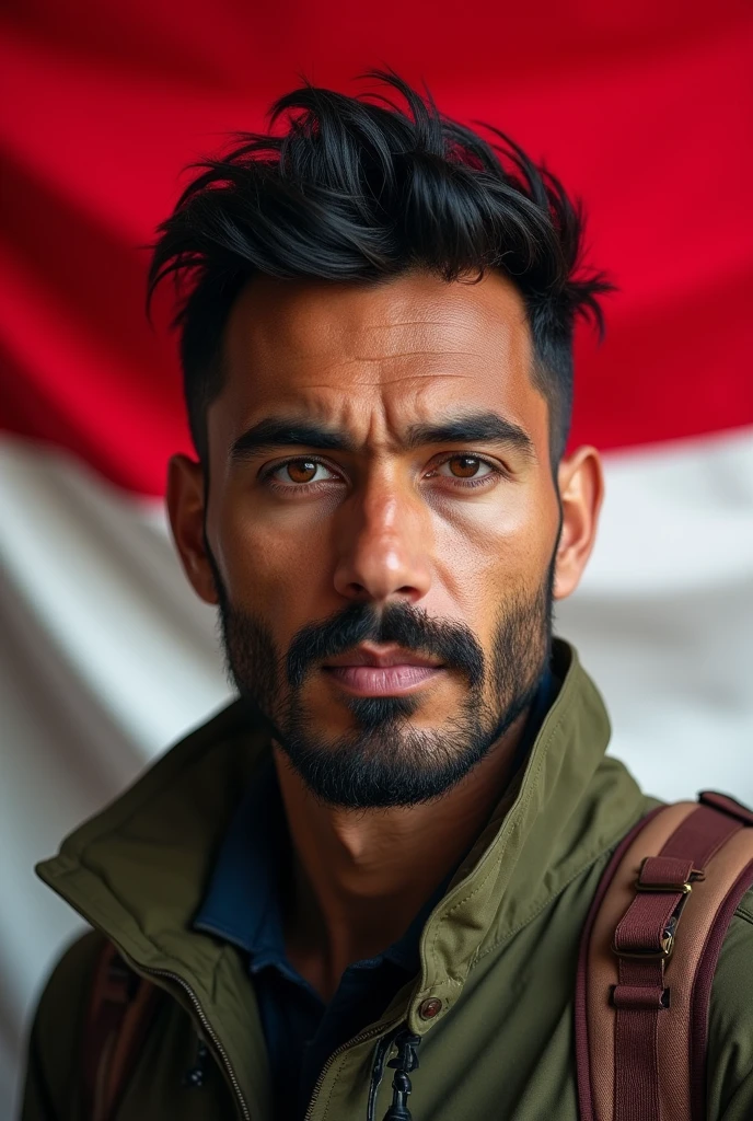 masculine jewish man, full weight body, black hair, short neck, straight focus, close up, outdoor outfit jacket, in front of Indonesia flag
