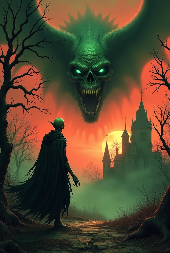 A ghastly green demon with sinister dark green eyes and large vampire teeth flying over dry trees with Dracula's castle in the background and a large skeleton walking