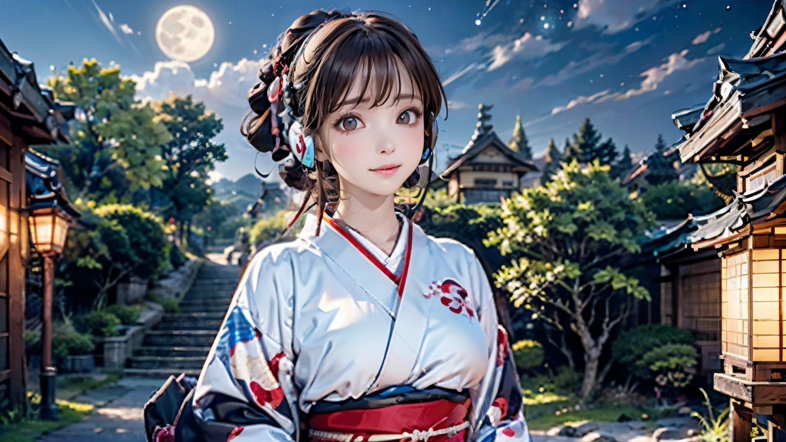 (Highest quality, 8k wallpaper, masterpiece, High resolution), (whole body), Beautiful girl in yukata, Brown-black bob, Traditional round topknot, Ample breasts, (Highly detailed face and eyes, Beautiful Face, Beautiful Eyes, Beautiful nose, Pretty lips), Japanese garden, Digital Art, Detailed Background, Full moon in the sky, moonlight, Detailed CG, ((headphones)),