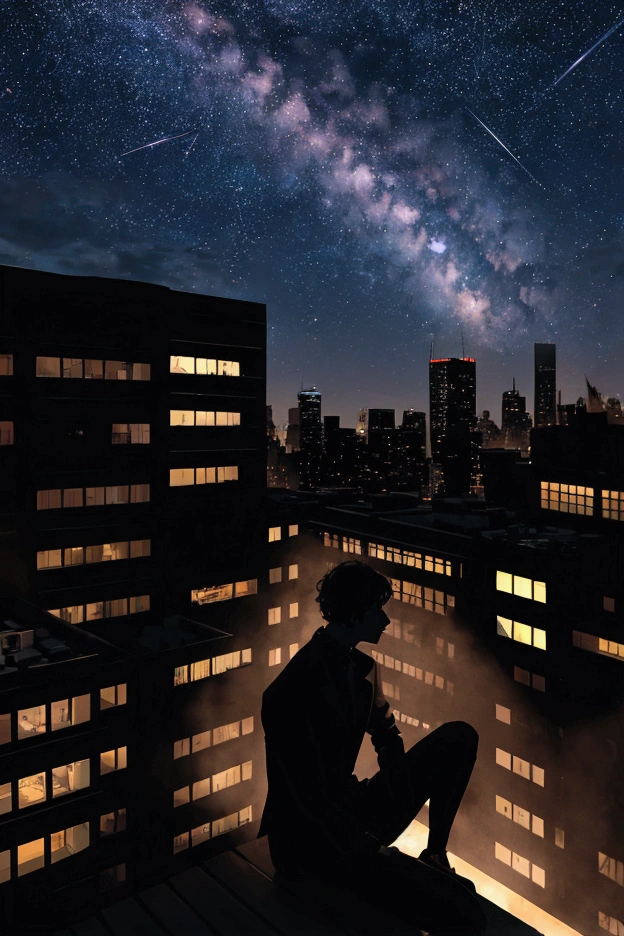 silhouette, man sitting on the terrace of a tall building, mysterious atmosphere, feeling of being on top of the world, a magical night, admiring the beauty of the city lights, New York, the Milky Way trail, and the sky full of stars